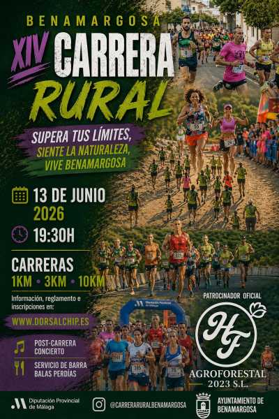 Cartel de XIV Carrera Rural de Benamargosa · Sábado, 13 de junio de 2026 en Benamargosa, Málaga