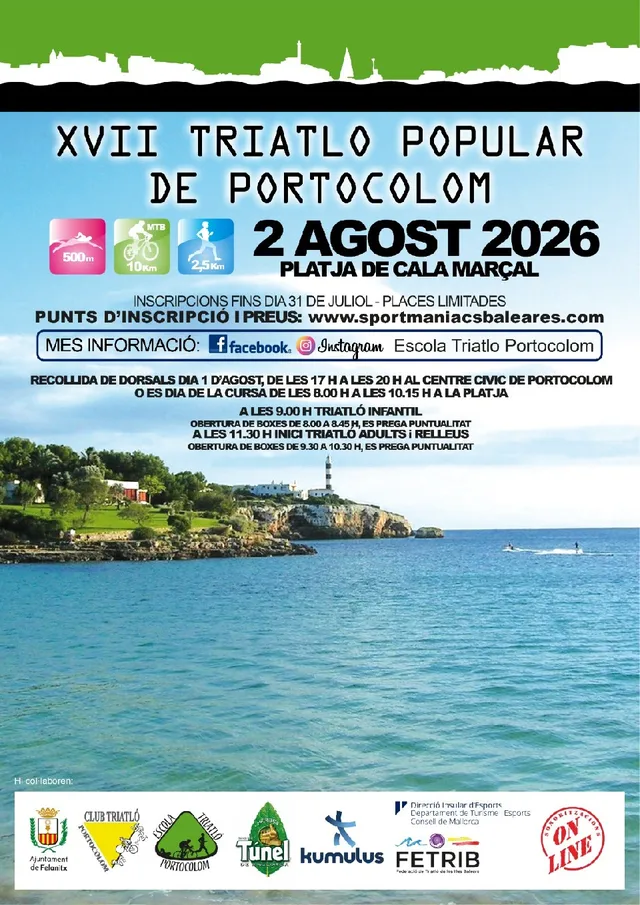 Cartel oficial de Triatló Popular Portocolom — 2 de agosto de 2026 en Felanitx, illes balears