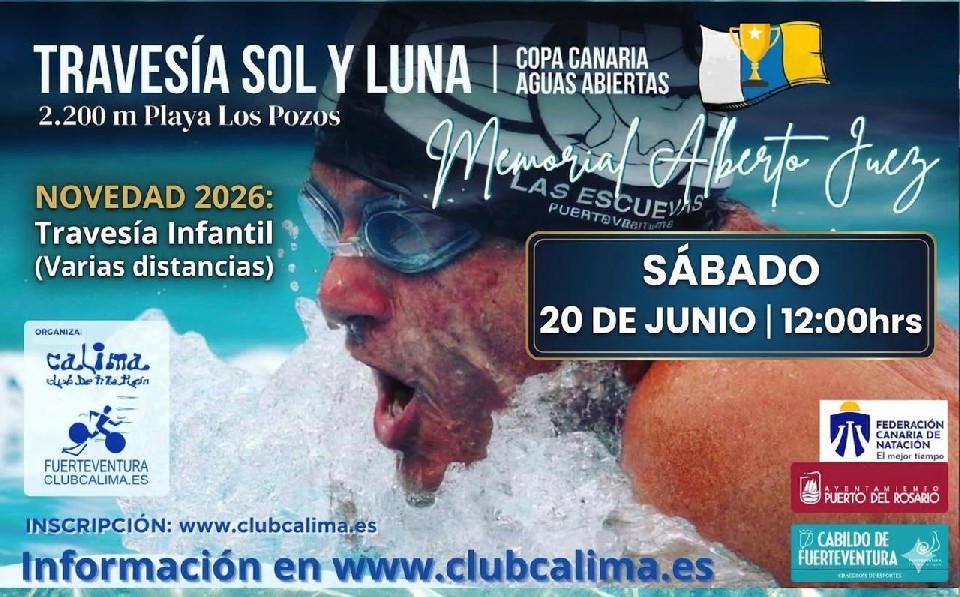 Cartel oficial de TRAVESÍA SOL Y LUNA 2026 *Memorial Alberto Juez — 20 de junio de 2026 en Puerto del Rosario, las palmas