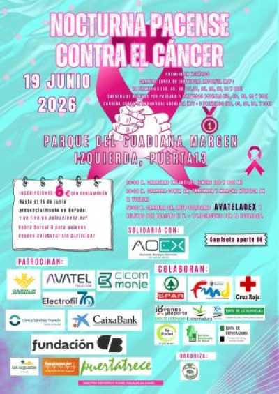 Cartel oficial de Nocturna Pacense contra el Cáncer · Viernes, 19 de junio de 2026 — 19 de junio de 2026 en Badajoz, badajoz