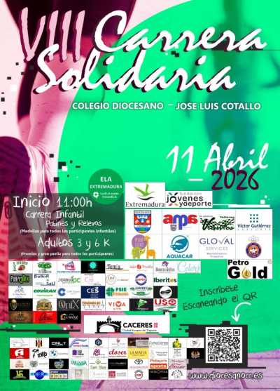 Cartel oficial de VIII Carrera Solidaria Colegio Diocesano — 25 de abril de 2026 en Cáceres, extremadura
