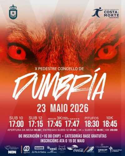 Cartel oficial de X Carreira Pedestre de Dumbría · Sábado, 23 de mayo de 2026 — 23 de mayo de 2026 en Dumbría, a coruna