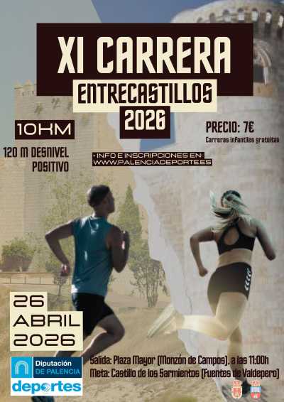 Cartel oficial de XI Carrera Entre Castillos — 26 de abril de 2026 en Monzón de Campos, Valladolid