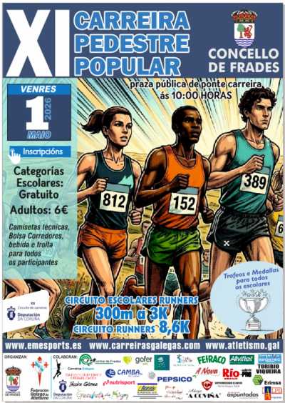 Cartel oficial de XI Carrerira Pedestre Concello de Frades — 1 de mayo de 2026 en Frades, A Coruña