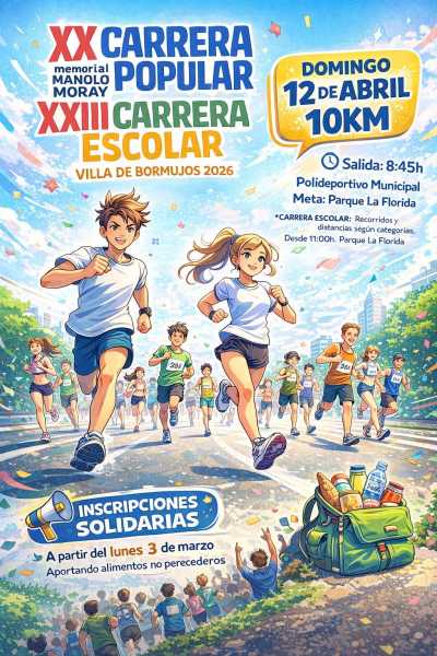 Cartel oficial de XX Carrera Popular Memorial Manolo Monroy — 12 de abril de 2026 en Bormujos, Sevilla