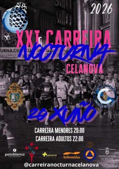 Cartel oficial de XXI Carreira Nocturna de Celanova · Sábado, 20 de junio de 2026 — 20 de junio de 2026 en Celanova, ourense