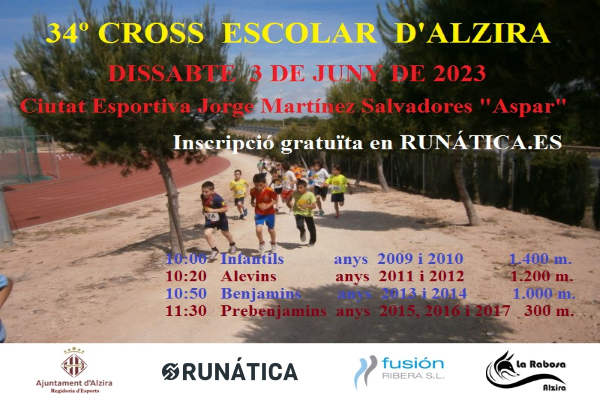Cartel oficial de 34º Cross Escolar d'Alzira — 3 de junio de 2023 en Alzira, Valencia