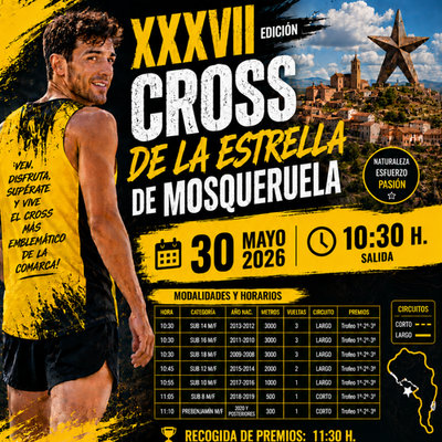 Cartel oficial de XXXVIII Cross de la Estrella — 30 de mayo de 2026 en Mosqueruela, Teruel